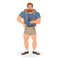 Brutal Young Bearded Hipster male in eyeglasses with a packsack travel and camera. Travelling with the knapsack. Vector