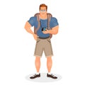 Brutal Young Bearded Hipster male in eyeglasses with a packsack travel and camera. Travelling with the knapsack. Vector