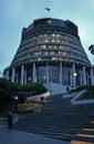 Modern brutalist conic Beehive (national capitol) in concrete with grey brise soleil, Wellington, New Zealand