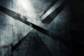 A brutalist digital background with sharp, intersecting metallic beams, dark shading, and a grungy