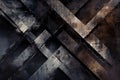 A brutalist digital background with sharp, intersecting metallic beams, dark shading, and a grungy