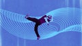 Brutalist digital composition. Tech-inspired dancer suspended against futuristic light waves Royalty Free Stock Photo