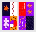 Brutalist posters set with abstract geometric shapes and naive grids. Brutal contemporary figure star oval spiral wave