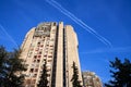 brutalist socialist Yugoslav high rise apartment buildings, housing towers, in the residential district of Banjica, one of the