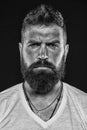 Brutality and masculinity. Man bearded hipster serious face close up. Brutal man with over suntanned skin face. Hipster Royalty Free Stock Photo