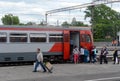 Passengers boarding in the RA-1 rail bus at Bryansk station. Royalty Free Stock Photo