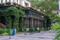 Bryant park cafe exterior building covered with ivy vine and flowers