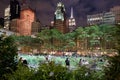 Bryant Park in New York City illuminated at night Royalty Free Stock Photo