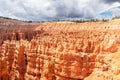 Bryce Canyon - Scenic view of hoodoo sandstone rock formation towers on Navajo trail in Bryce Canyon National Park, Utah