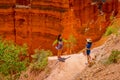 BRYCE CANYON, UTAH, JUNE, 07, 2018: Hikers in Bryce Canyon hiking in beautiful nature landscape with hoodoos, pinnacles