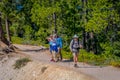 BRYCE CANYON, UTAH, JUNE, 07, 2018: View of group of hikers walking in a sand road in Bryce Canyon National Park in Utah Royalty Free Stock Photo