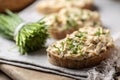 Bryndza spread with red pepper, garlic and chives. Bread with cheese spread Royalty Free Stock Photo
