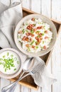 Bryndzove Halusky, national dish in Slovakia, potato dumplings with sheep cheese and sour cream, topped with roasted bacon pieces Royalty Free Stock Photo