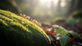 Bryophyta covers rocks in a forest setting illuminated by soft morning Royalty Free Stock Photo