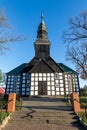 Brzezie, pomorskie / Poland - October, 29, 2019: Old church built of half-timbered wall in Pomerania. Old Christian temple in