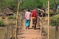 Two women on a wooden bridge in Myanmar