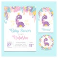 Set of Baby shower card with little dinosaur girl theme party