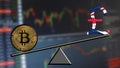 BTC Bitcoin vs British Pound. The BTC takes economic value on the comparison to the English currency Royalty Free Stock Photo