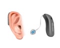 BTE divices with an external receiver. Hearing aid behind the ear. Treatment and prosthetics in otolaryngology Royalty Free Stock Photo