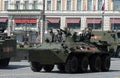 The BTR-82A is an Russian 8x8 wheeled amphibious armoured personnel carrier (APC) with Marines. Royalty Free Stock Photo