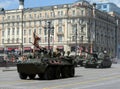 The BTR-82 is an 8x8 wheeled amphibious armoured personnel carrier and the 2S19 Msta-S is self-propelled 152 mm howitzer. Royalty Free Stock Photo