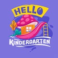 Hello Kindergarten Phrase with Colorful Illustration. Back to School Quote