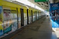 BANGKOK, THAILAND - 5 JUNE 2018: BTS Sky train on platform of mochit station in the morning.