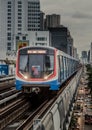 BTS Sky Train is running in downtown pass through skycrapers business building