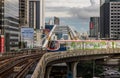 BTS Sky Train is running in downtown pass through skycrapers business building