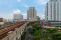 BTS Skytrain rails, overhead bridge with buildings around