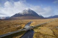 Buachaille Etive Mor aerial during autumn view of A82 road and bridge Royalty Free Stock Photo