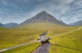 Buachaille Etive Mor aerial view of A82 road and bridge Royalty Free Stock Photo