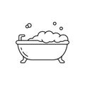 Bubble bath. Linear icon of bathtub on legs with lather. Black simple illustration of bathroom, hygiene, cleanliness of body.