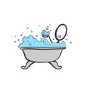 Bubble bath. Man in a bathtub with soap and shampoo foam. Hand drawn. Stickman cartoon. Doodle sketch, Vector graphic illustration