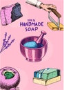 Bubble Bath soap poster or banner. Washing hands in vintage style. Homemade packaging. Organic cosmetic, natural lather