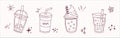 Bubble Boba milk tea, Pearl milk tea, Yummy drinks, coffees and soft drinks doodle style. Cute vector illustration of hot and iced