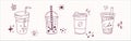 Bubble Boba milk tea, Pearl milk tea, Yummy drinks, coffees and soft drinks doodle style. Cute vector illustration of hot and iced