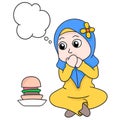 Bubble chat beautiful Muslim hijab girl fasting withstand the temptation of food, doodle icon image kawaii