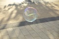 Bubble flies over road. Soap sphere