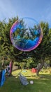 A bubble floating high in the back garden in front of the trees