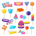 Bubble gum and candies. Isolated gummy pack, chewing gums and lollipops. Children candy, sweets on stick. Cartoon