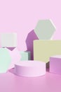 Bubble gum pink podium with geometric shapes background