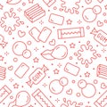 Bubble gum seamless pattern with flat line icons. Chewing candy in stick, pads, bubblegum pack vector illustrations