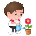 a bubble head boy cartoon water the red flower plant in the isolated white background