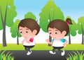 Bubble head boy and girl cartoon jogging run at city nature back