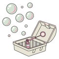 Bubble machine box with wand and bottle producing floating soap bubbles cartoon Royalty Free Stock Photo