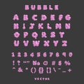 3D bubble font alphabet, numbers and signs in y2k style. Pink inflated type text isolated on dark grey background