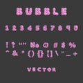 3D bubble font alphabet signs in y2k style. Pink inflated type text isolated on dark grey background