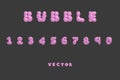 3D bubble font alphabet numbers in y2k style. Pink inflated type text isolated on dark grey background