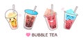 Bubble milk tea cups with cute faces, boba drink characters. Pearl milk drinks with tapioca pearls, cold summer boba